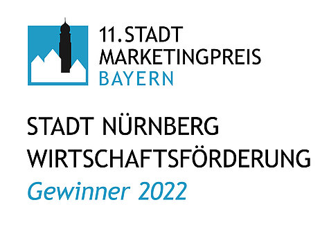 Logo Stadtmarketingpreis mit Titel: "11. Stadtmarketingpeis Bayern" und Text "Stadt Nürnberg, Wirtschaftsförderung Nürnberg Gewinner 2022"